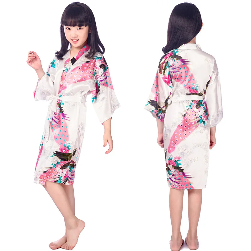 Kids Girls Silk Print Robes Summer Children Satin Cardigan Kimono Home Clothes Teenage Pajamas Bathrobe Wedding Dressing Gowns