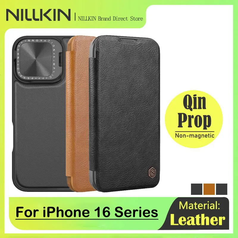 

Кожаный чехол Nillkin для iPhone 16 Pro Max, противоударный, защита слайдера камеры, задняя крышка, роскошный флип-кейс с держателем для объектива