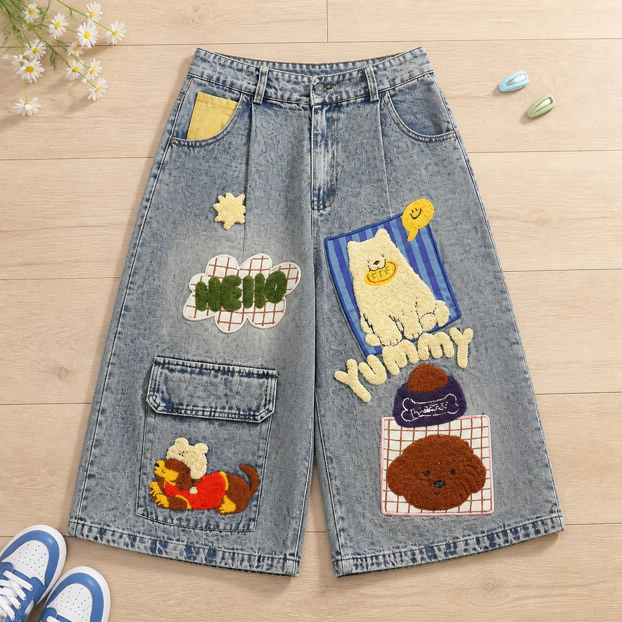 American Streetwear Pants Towel Embroidered with Puppy Pattern Multiple Pockets Seven Quarter Jeans Men and Women Baggy Shorts