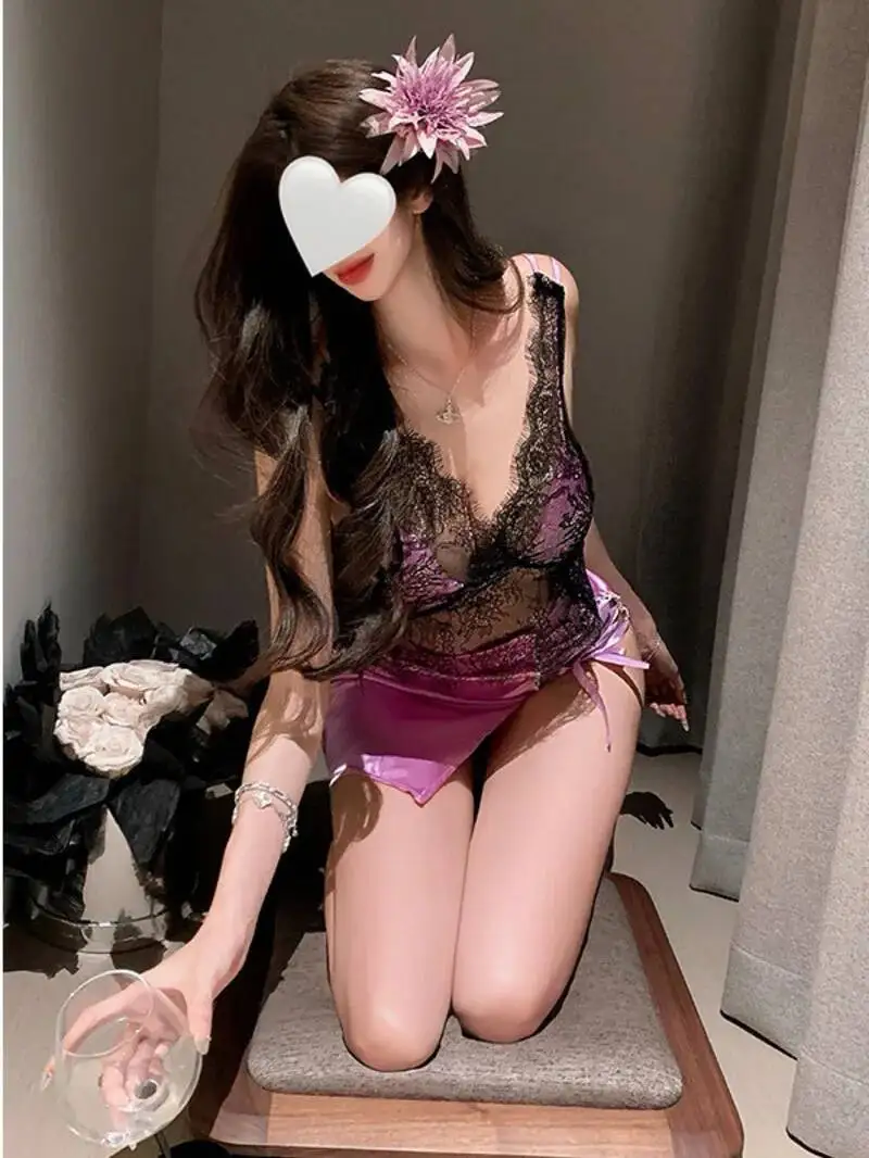 مثير المثيرة ناضجة العميق الرغبة النقية الدانتيل شبكة شفافة عارية الذراعين العميق الخامس الحمالات أكمام ملفوفة الأرداف فستان YB5P