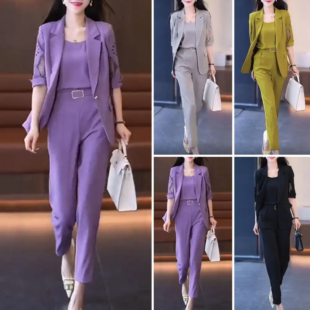 Women Formal Suit Formal Commute Style Women's Business Suit Set with V Neck Vest Hollow Out Coat High Waist Harem Pants