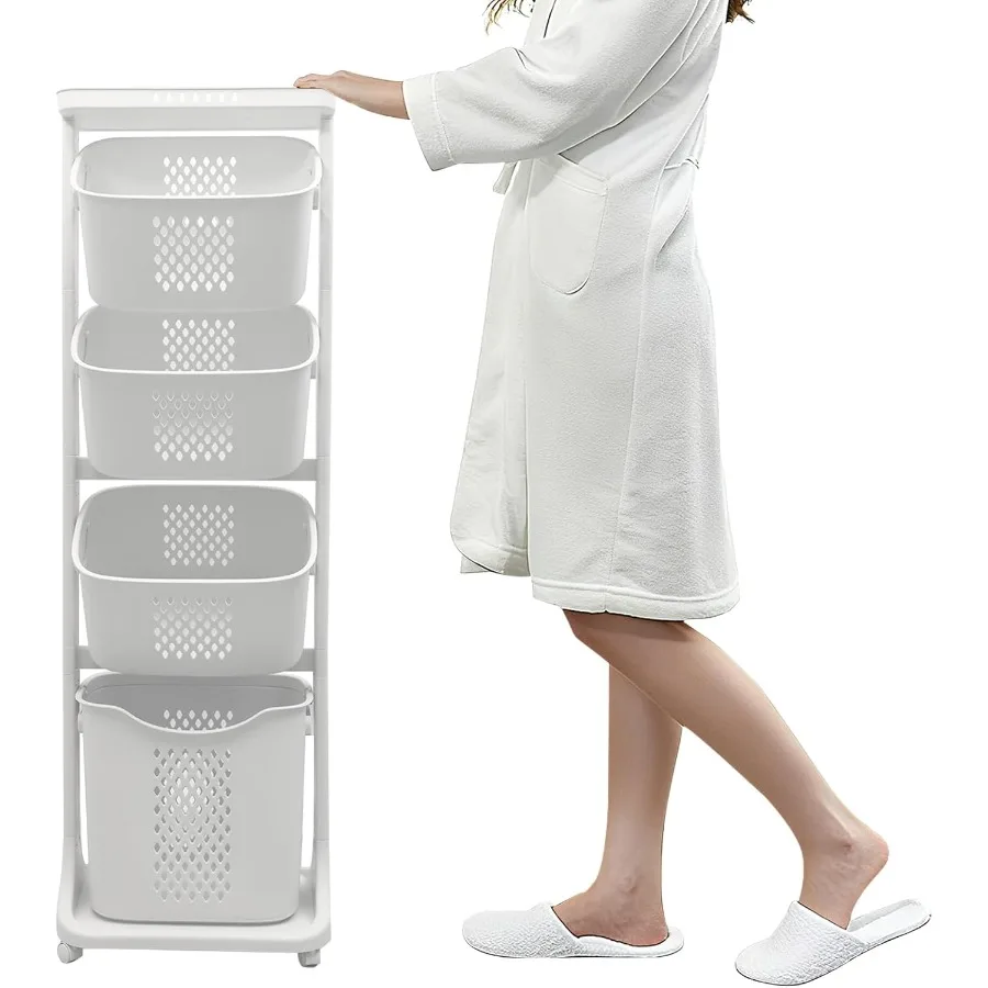فارز سلة الغسيل من 4 طبقات بعجلات وسلال قابلة للإزالة لتخزين الملابس القذرة الفعالة في الحمام أو غرفة النوم