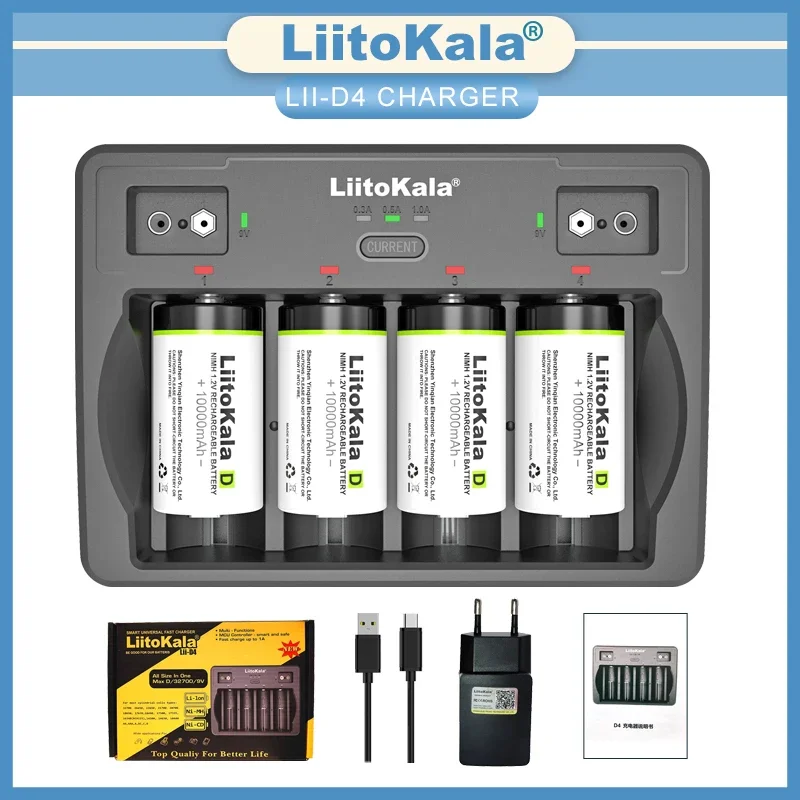 LiitoKala Lii-D4 9V 26650 18650 21700 18500 26700 16340 22650 AA AAA C SC D 3.7V 1.2V Lithium NiMH Smart Battery Charger