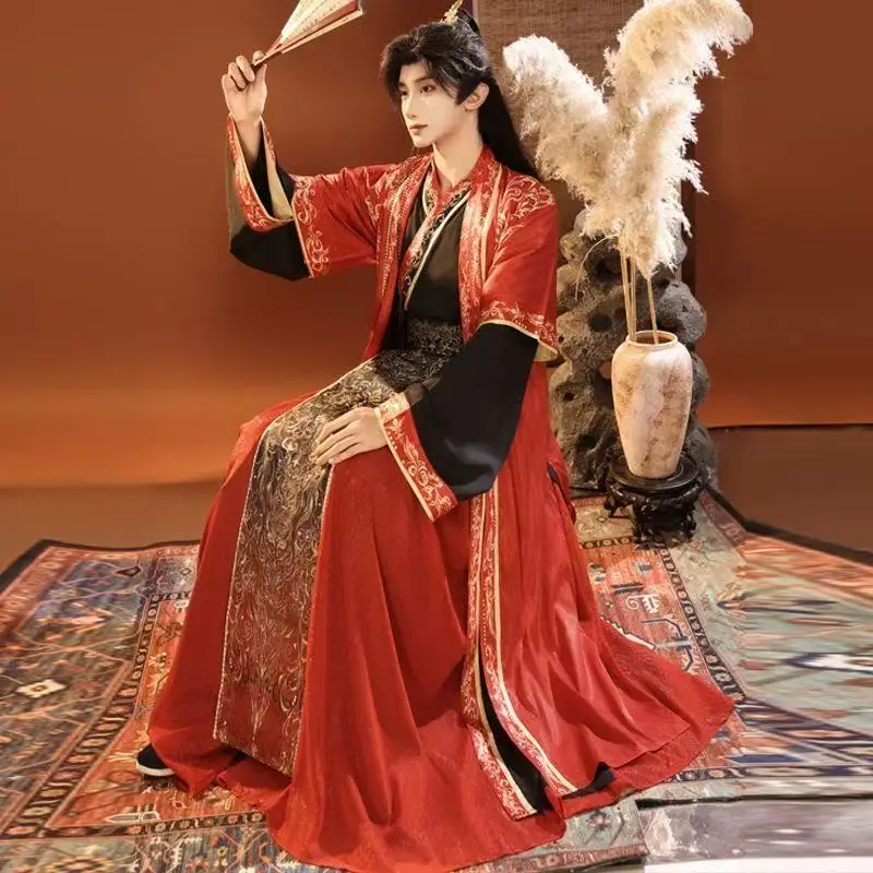 

Royal Guards Hanfu Mens Traditional Chinese Printing Clothing Pre Warrior States Period Long Robe Halloween Cosplay Costume Male