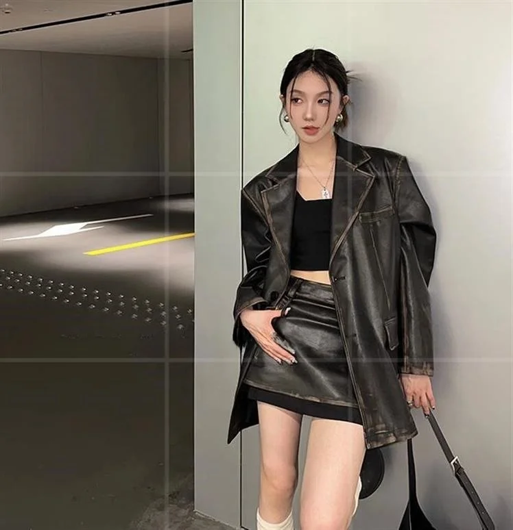 

Retro Worn-Coloring Women's Spring Autumn Loose Motorcycle Sle PU Leather Suit Jaet Vintage Set Fem Faion Outerwear