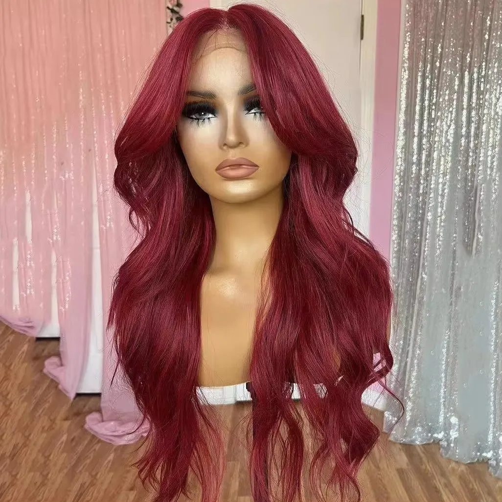 Synthetic Hair Red Body Wave Long Wavy Pre Plucked 13x4 Lace Front Wigs for Black Women Glueless Cosplay Daily Wear Wigs