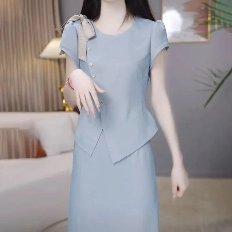 

New Summer Temperament Women's Two Piece Set O-neck Puff Short Sleeve Irregular Blouse Top + Slim Midi Skirt Fashion OL Suit
