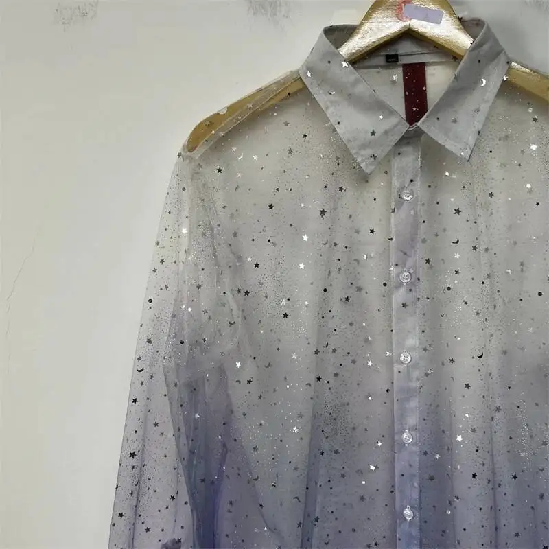 Gradient Star Sequin Mesh Shirt Mens Long Sleeve Lapel Loose Tailored Niche Dream Street Summer Casual Basic Top 4V7G