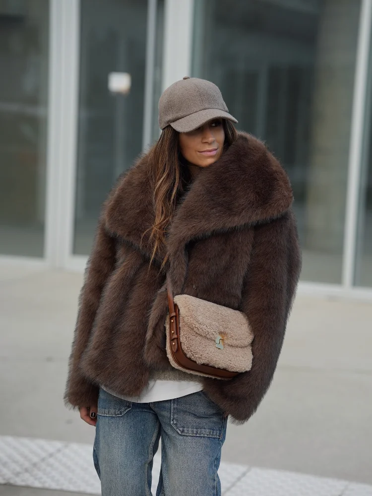 Retro Deep Brown Fluffy Imitation Fur Coat Women Fashion Big Lapel Long Sleeve Warm Short Jacket Lady Winter Highstreet Outwear