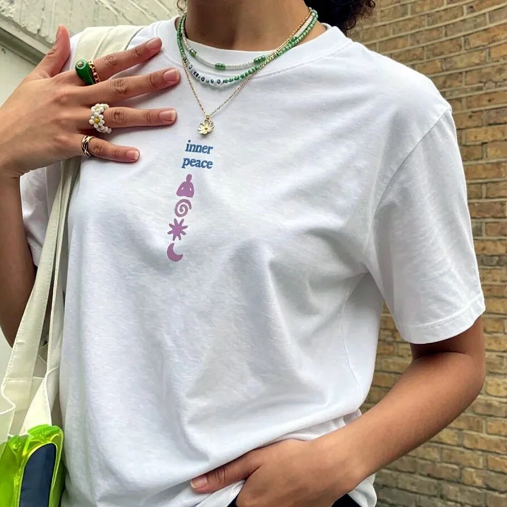 Inner Peace Yoga Lover's Printing T Shirts Women White Loose Cotton Tops Tees Summer Summer Short Sleeve Casual Simple Tshirt