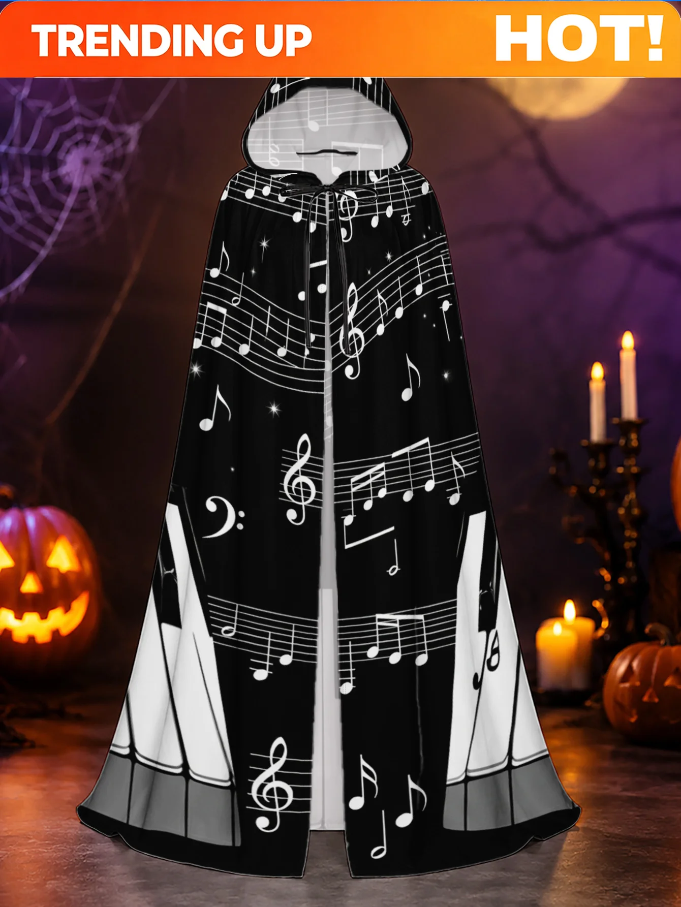 Customization 1pc Musical & Piano Key Hooded Robe Cape - Loose-Fit Stretchable Polyester Costume Suitable For Halloween, Christm