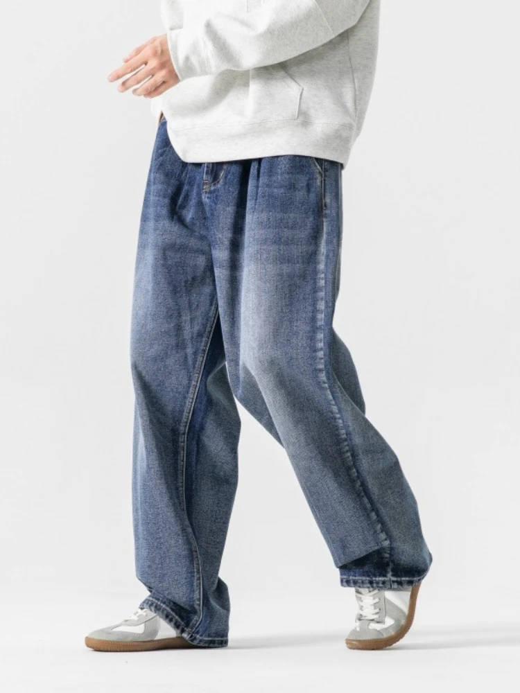 

Autumn New Wide-leg Jeans Men's Vintage Wash Light Blue Straight Loose Casual Trousers Comfortable Distress Male Denim Pants