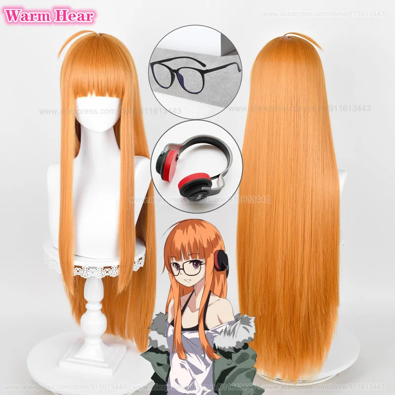 Game P5 Futaba Sakura Synthetic Cosplay Wig Long 85cm Orange Straight Hair And Glasses Headset Heat Resistant Hair Wigs +Wig Cap