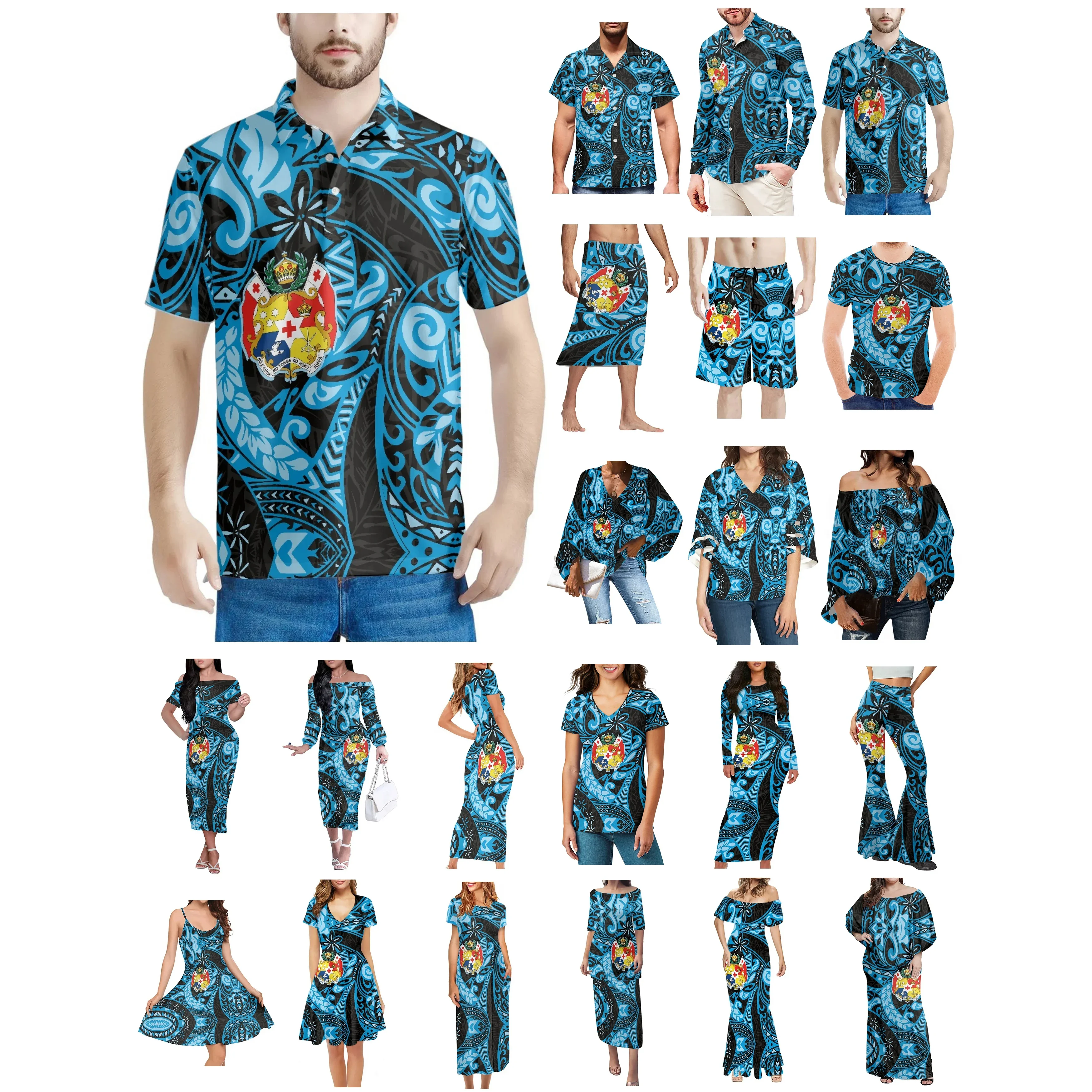 Polynesian Tonga Tribal Tattoo Prints Clothes Women Dress Matching Men Shirt New Style Blue And Black Breathable Lovers Clothes