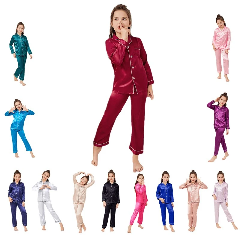 Retail Girls Boys Kids Silk Satin Pajamas Set Children Button-Down Clothes Long Sleeve Loungewear Sleepwear