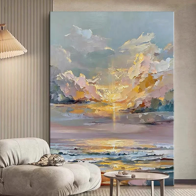Light Luxury Colorful Sunset Cloudy Wall Poster Pure Handmade Oil Painting On Canvas Mural For Living Room Decoration Entrancen