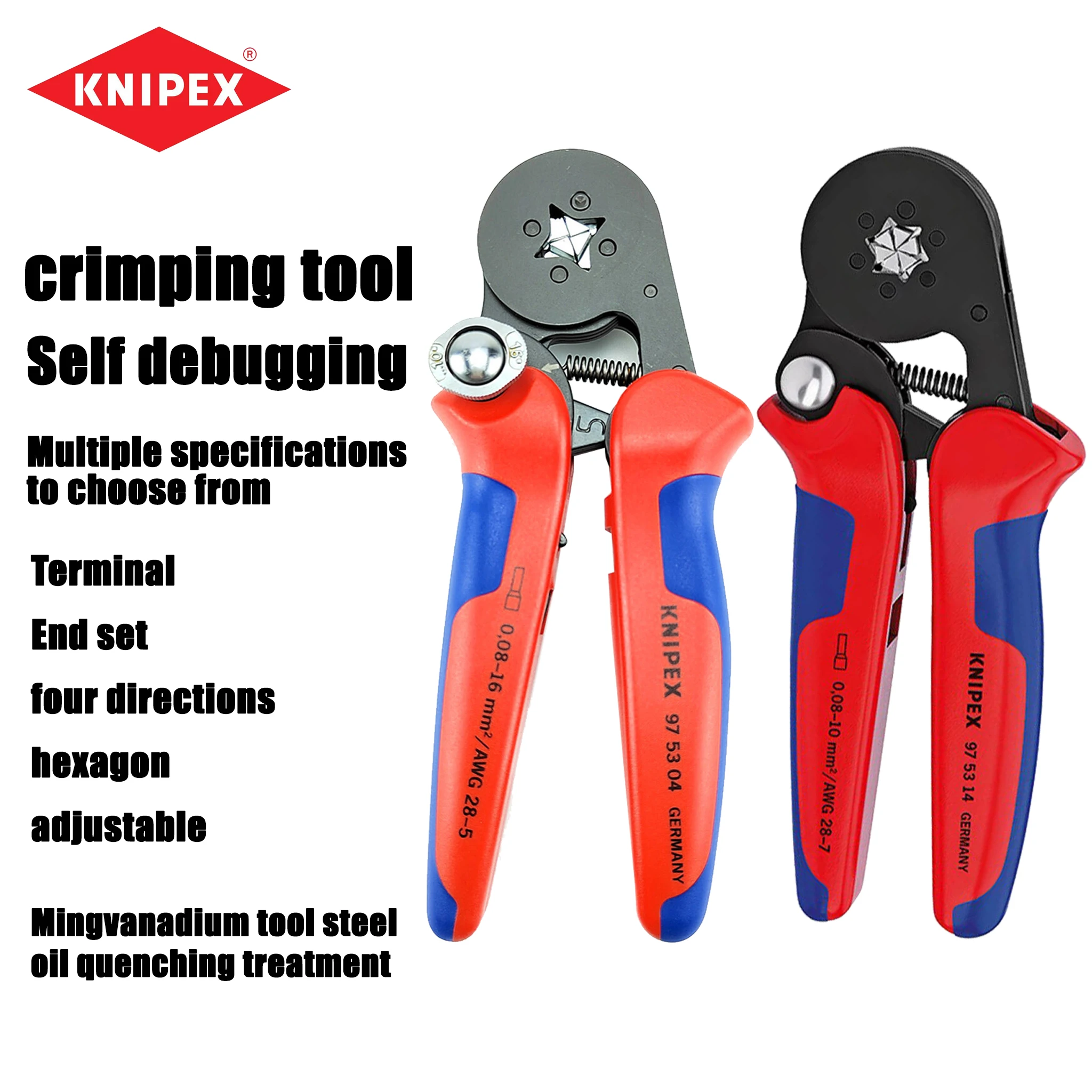 KNIPEX Self adjusting crimping pliers, sleeve terminal square and hexagonal crimping pliers, manual tools 975304/975314