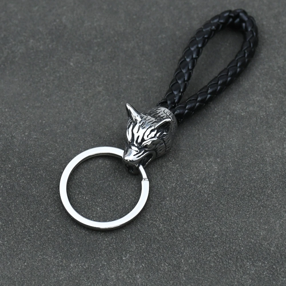 1Pcs Stainless Steel Wolf Amulet Jewelry PU Braided Woven Leather Keychain Viking Accessories Key Ring For Knife Car Decoration