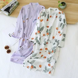 Spring and summer new Japanese-style kimono nightgown women's bathrobe 100%cotton crepe loose sweat steaming yukata home service