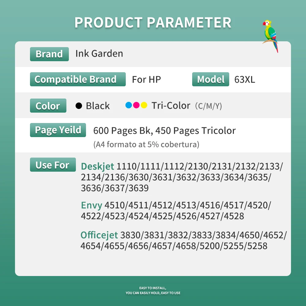 Ink Garden 63XL Cartridge Compatible For HP 63  Ink Cartridges Deskjet 2130 2131 3630 4250 5258 5264 5230 5232 5255 Printer