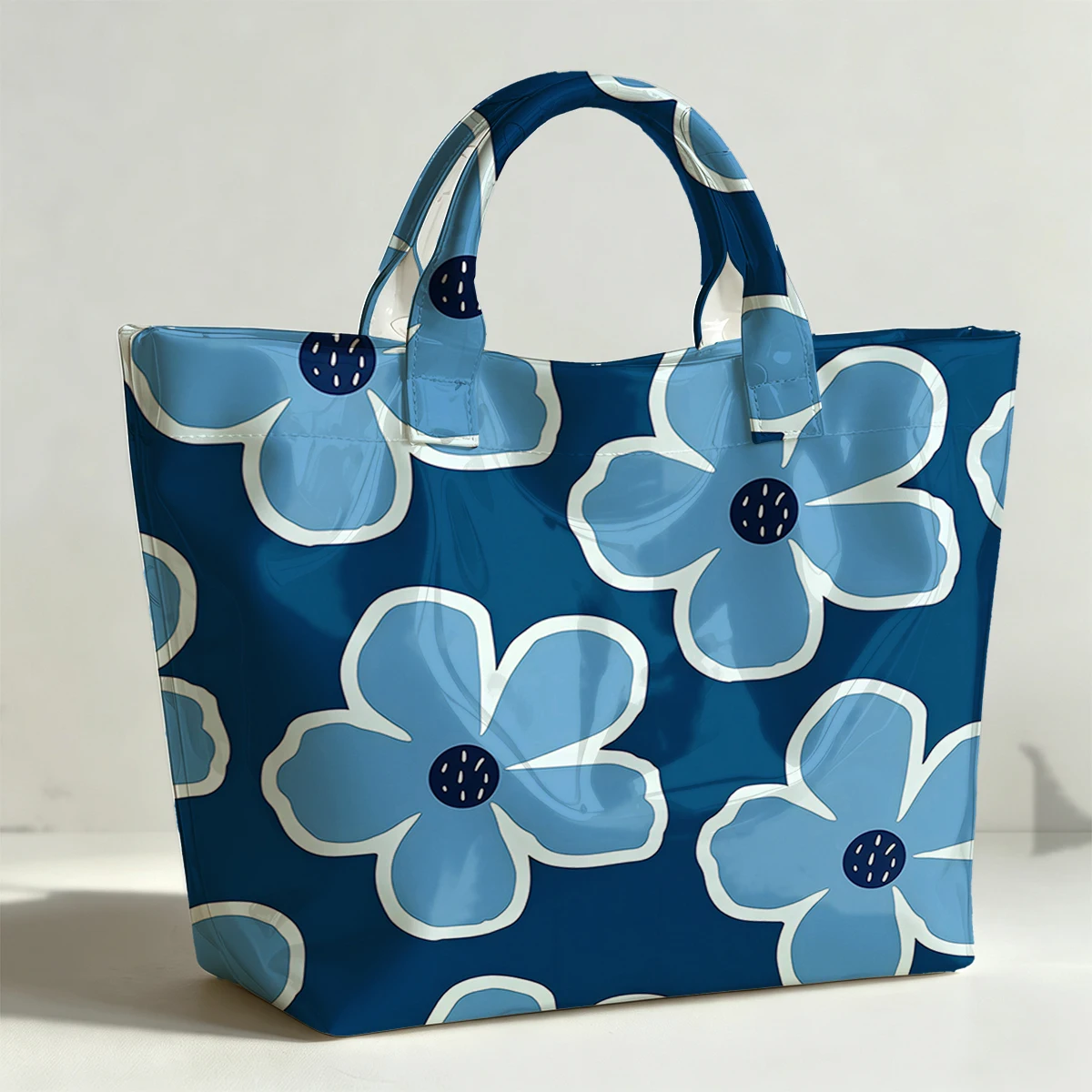 Blue flower pattern PVC Tote Bag Lightweight Handbag Commuting Large Capacity Portable Travel Shoulder Bag Tote Bag Mothe