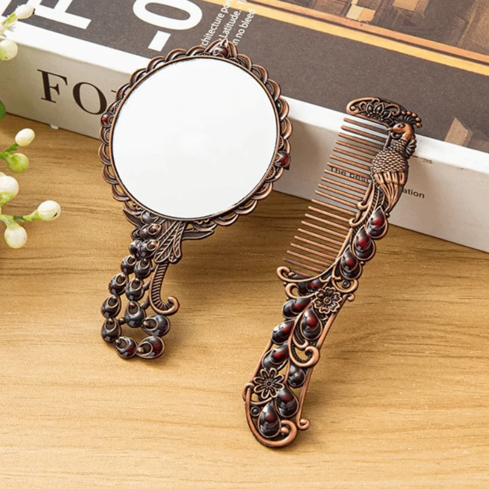 Portable Peacock Makeup Mirror Comb Set Hand-held Luxury Butterfly Cosmetic Mirror Embossing Carving Rhinestone