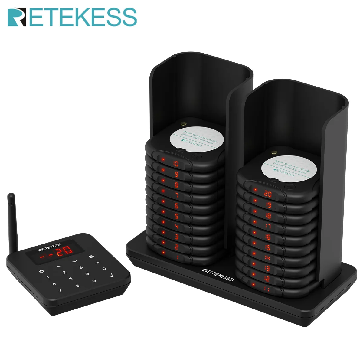 RETEKESS TD186 Stapelbaar Anti-Tip Restaurant Pager Draadloos Oproepsysteem Vibrators Zoemer Zoemerbel voor Koffie Food Truck