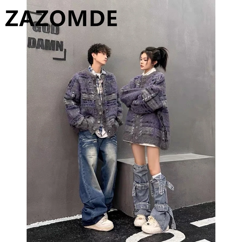 ZAZOMDE Winter New Vintage Oversize Sweaters Streetwear Y2k Clothes Knitted Jumper Jacquard Fashion Couple Cardigan Sweater Coat