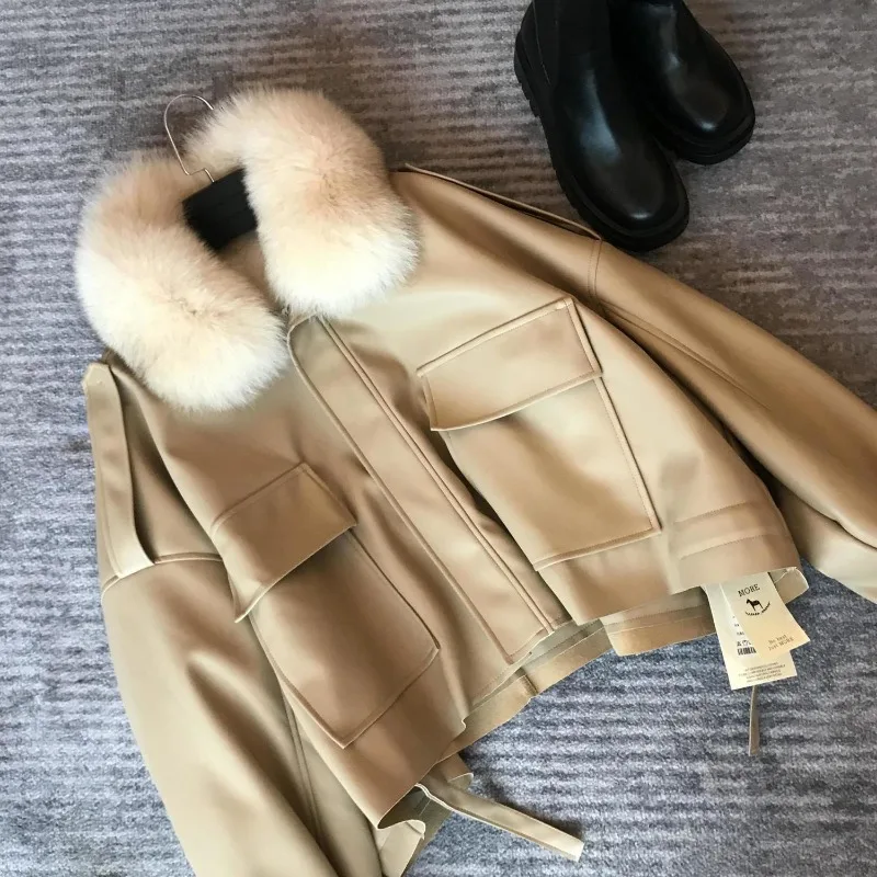 Winter New Thickened Warm PU Leather Coat Women Short Detachable Faux Fox Fur Collar Outcoat Stylish Large Size Leather Jacket