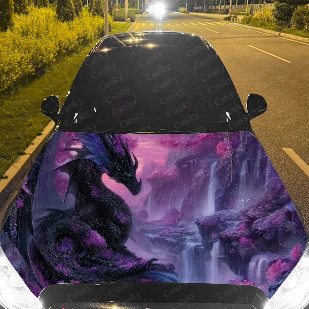 

Elegant black dragon amidst purple waterfall landscape, vivid fantasy art on car hood.Car hood sticker