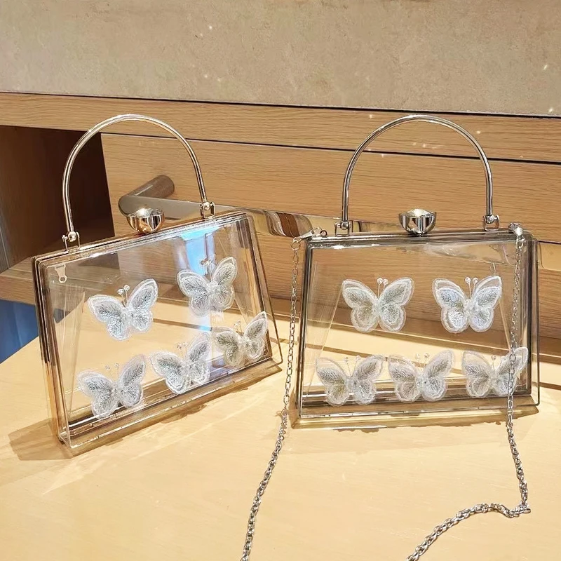 Ladies Clear Evening Bags For Women Luxury Designer Handbag Purse 2024 New In Acrylic Metal Frame Transparent Butterfly Shoulder