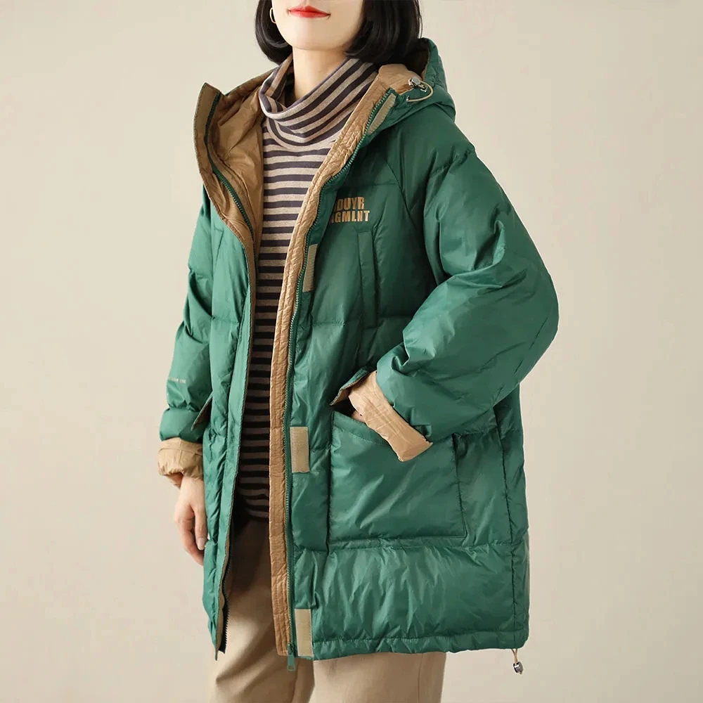 White duck Down Down Jacket Women's 2025 Autumn winter New Artistic Versatile Loose Letter Hooded Coat Female Casual Long Coats
