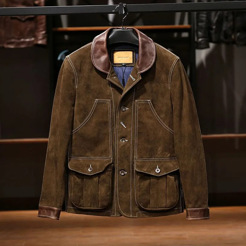 Oversized and large-sized fleece cowhide leather for men with a lapel multiple pockets motorcycles