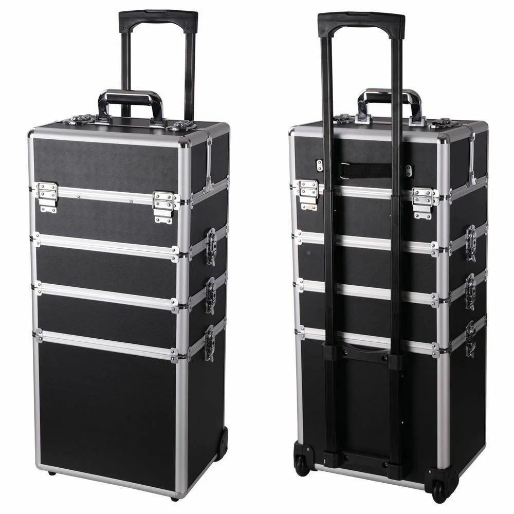 

New Pro 4in1 Aluminum Rolling Makeup Jewelry Cosmetic Train Case 4 Wheeled Box