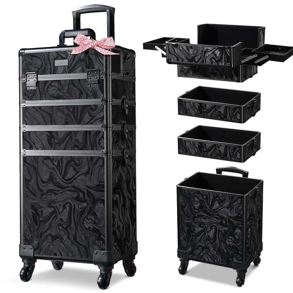 

Rolling Makeup Train Case on Wheels 4in1 Cosmetology Profesional Travel Cosmetic Bag Lockable Organizer Box for Hairstylist