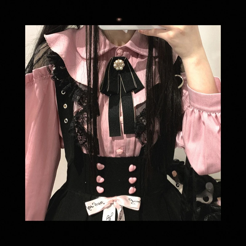 Japońska Kawaii Dziewczyna Słodka Urocza Lolita Koszula z Wycięciami Jesień Y2k Estetyczna Koronkowa Uniwersalna Bluzka Top Damska Nowa JK Luźna Bluzka