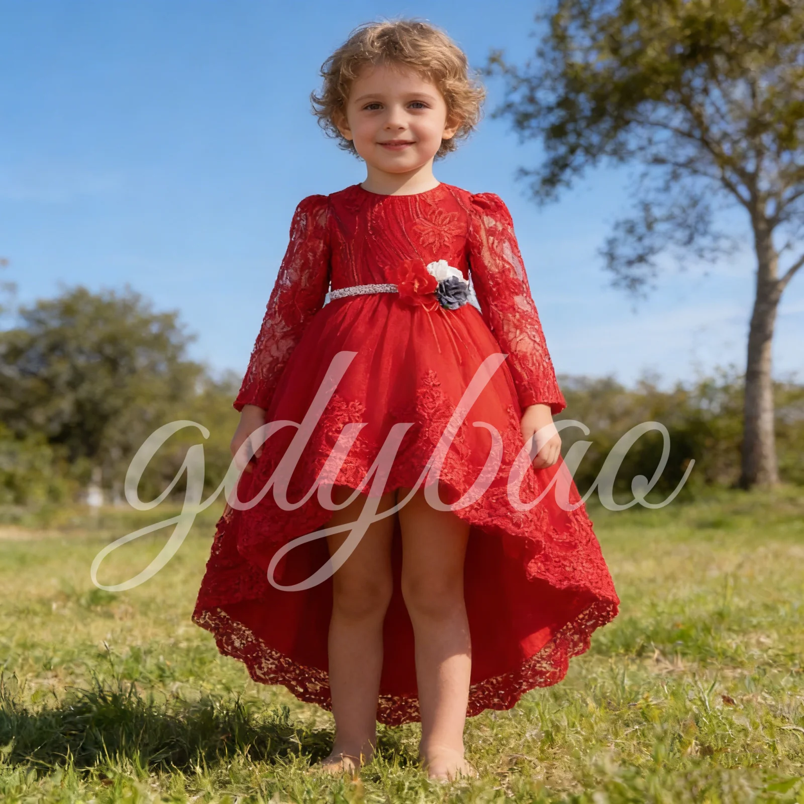 elegant-red-long-sleeve-lace-flower-girl-dress-suitable-for-weddings-children's-performance-princess-dress-birthday-party-outfit