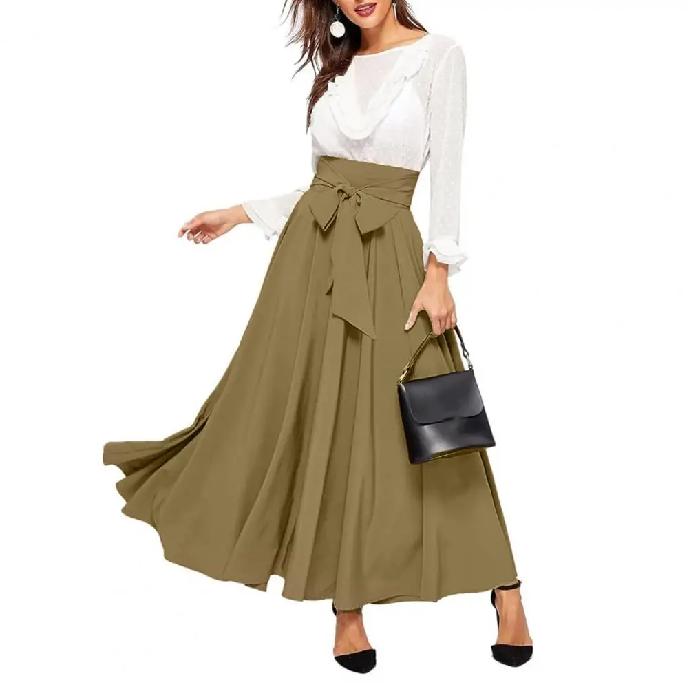 High Waist Women Skirt Elegant Lace-up Maxi Skirt with High Waist A-line Silhouette Solid Color Pleated Ankle Length for Women