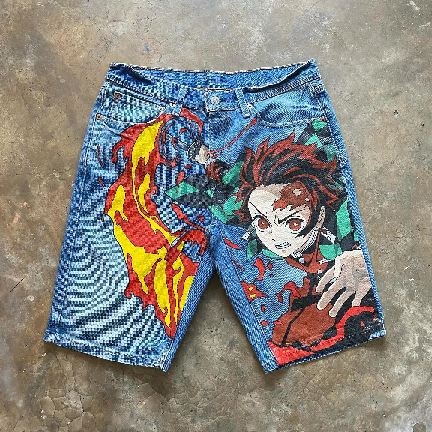 Streetwear Shorts Y2K Japanese Harajuku Hip Hop Anime Cartoon Print Retro Blue Baggy Denim Gym Shorts Mens Basketball Shorts