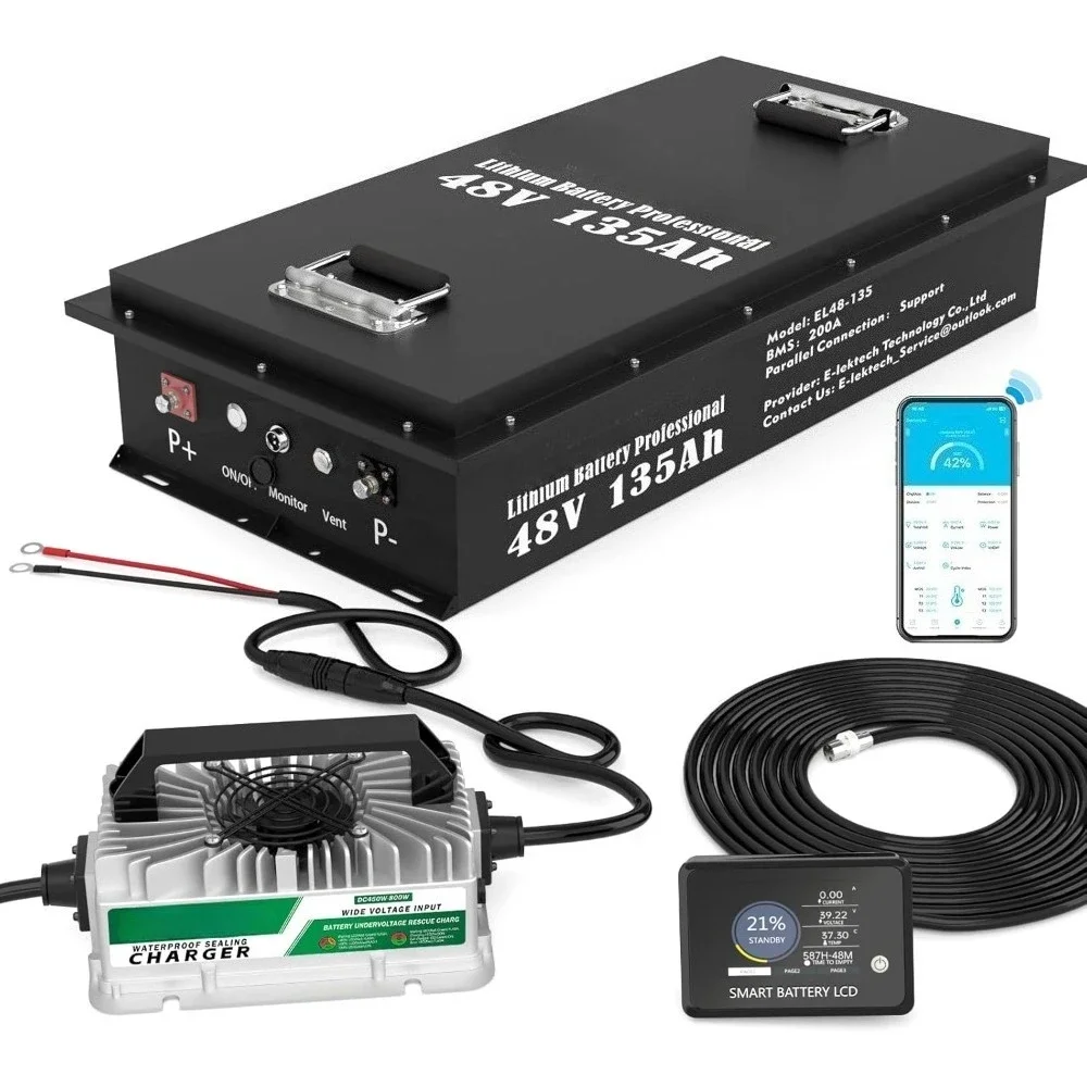 

48V 135Ah Lithium Golf Cart Battery with Charger & APP Monitor, Built-in 200A BMS, 10 Yrs Lifespan for Golf Carts, RV, Marine