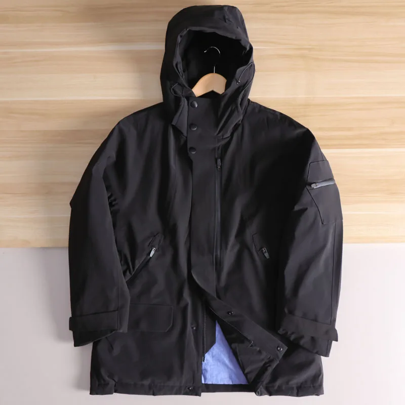 

High-End Men's Cotton Jaet with Hood Laser Cut Waterproof Taped Zipper Mid-Length Autumn Winter Faion Urban Sle