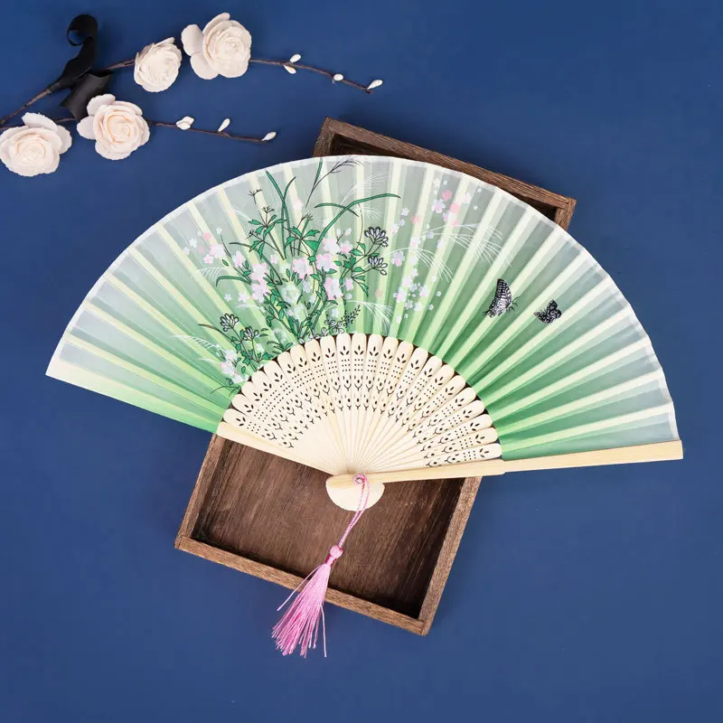 Vintage Oriental Floral Folding Fan With Soft Tassel Portable Hand Fan For Summer Cooling Photography Wedding Favors Decor - view 2