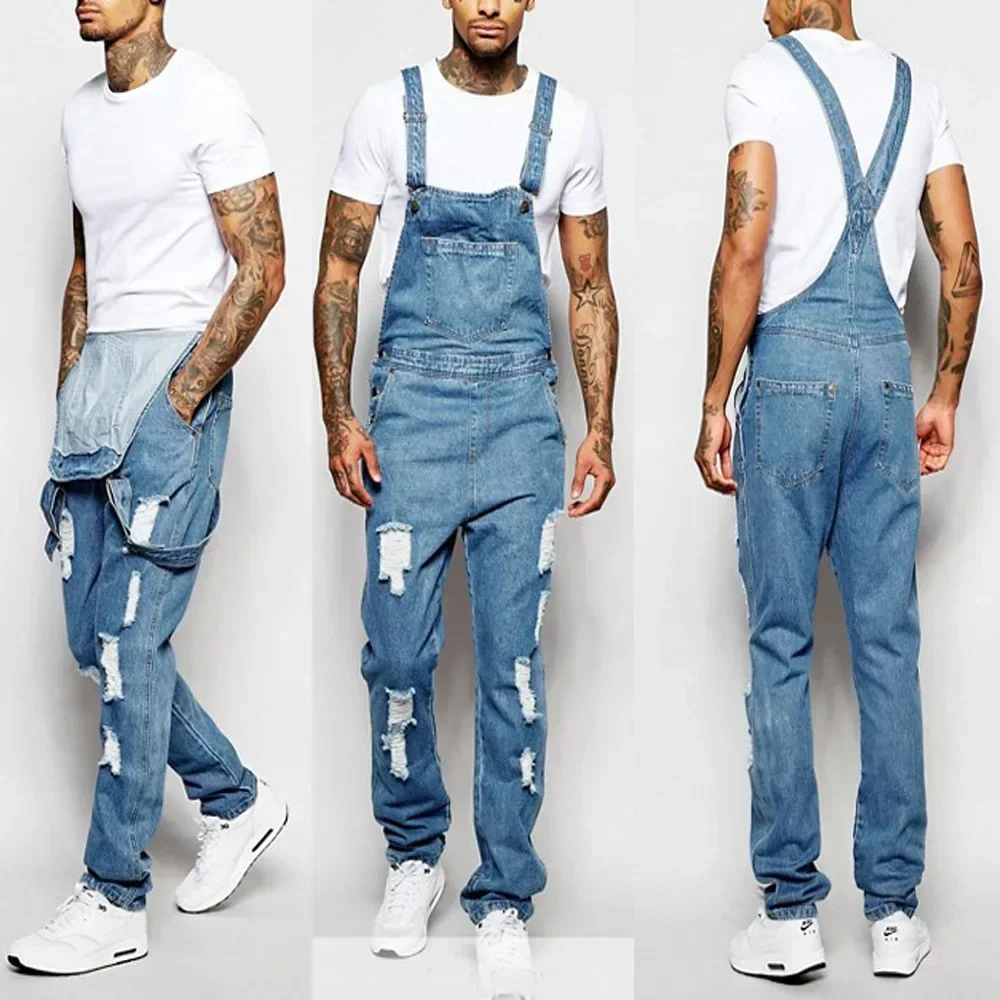 Men Jeans Denim Holes Pencil Pants Washing Overalls One Piece Jumpsuits Slim High Street Solid Casual Pockets Distressed rompers