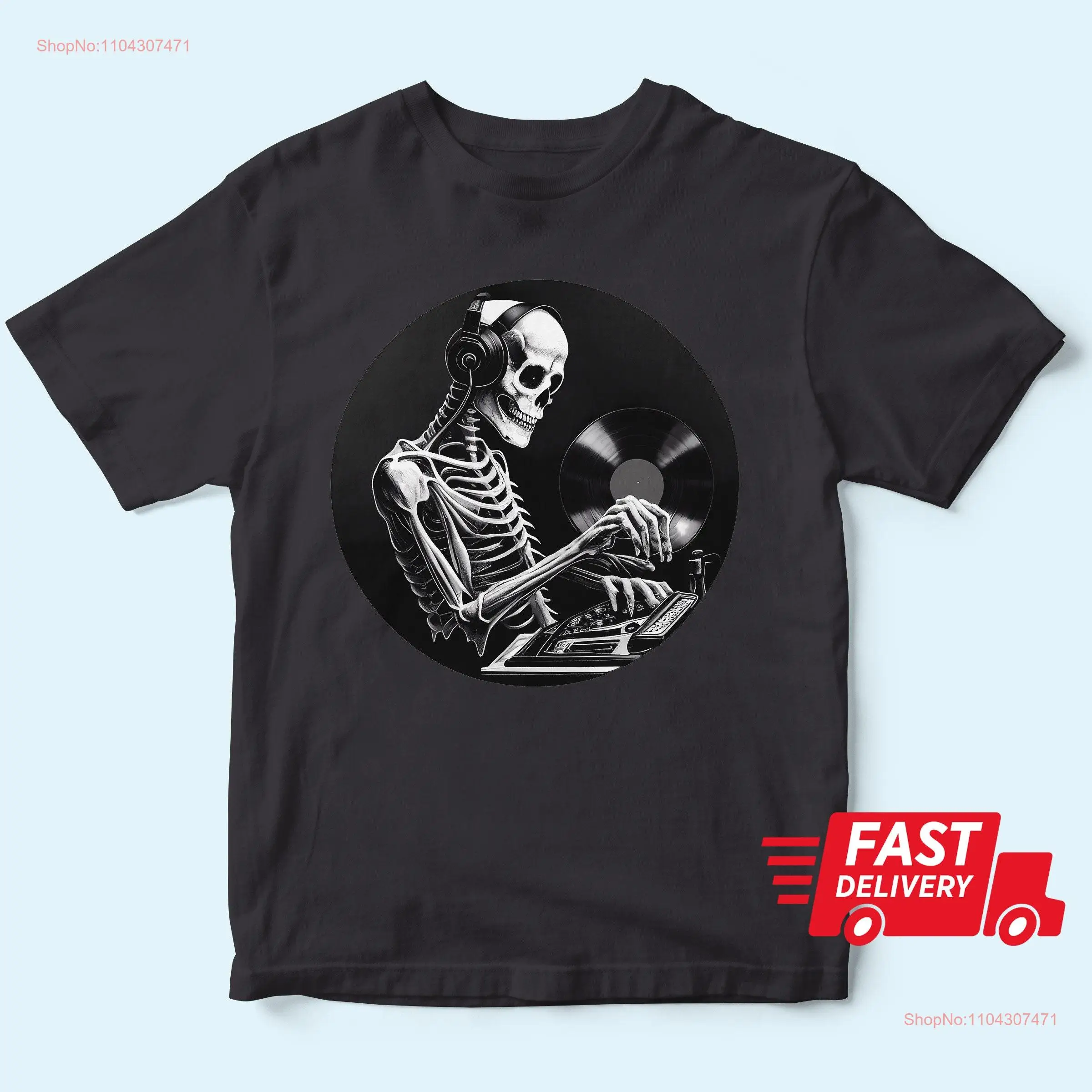 Skeleton DJ T Shirt Halloween Turntable Deejay Music Spooky Vinyl long or short sleeves