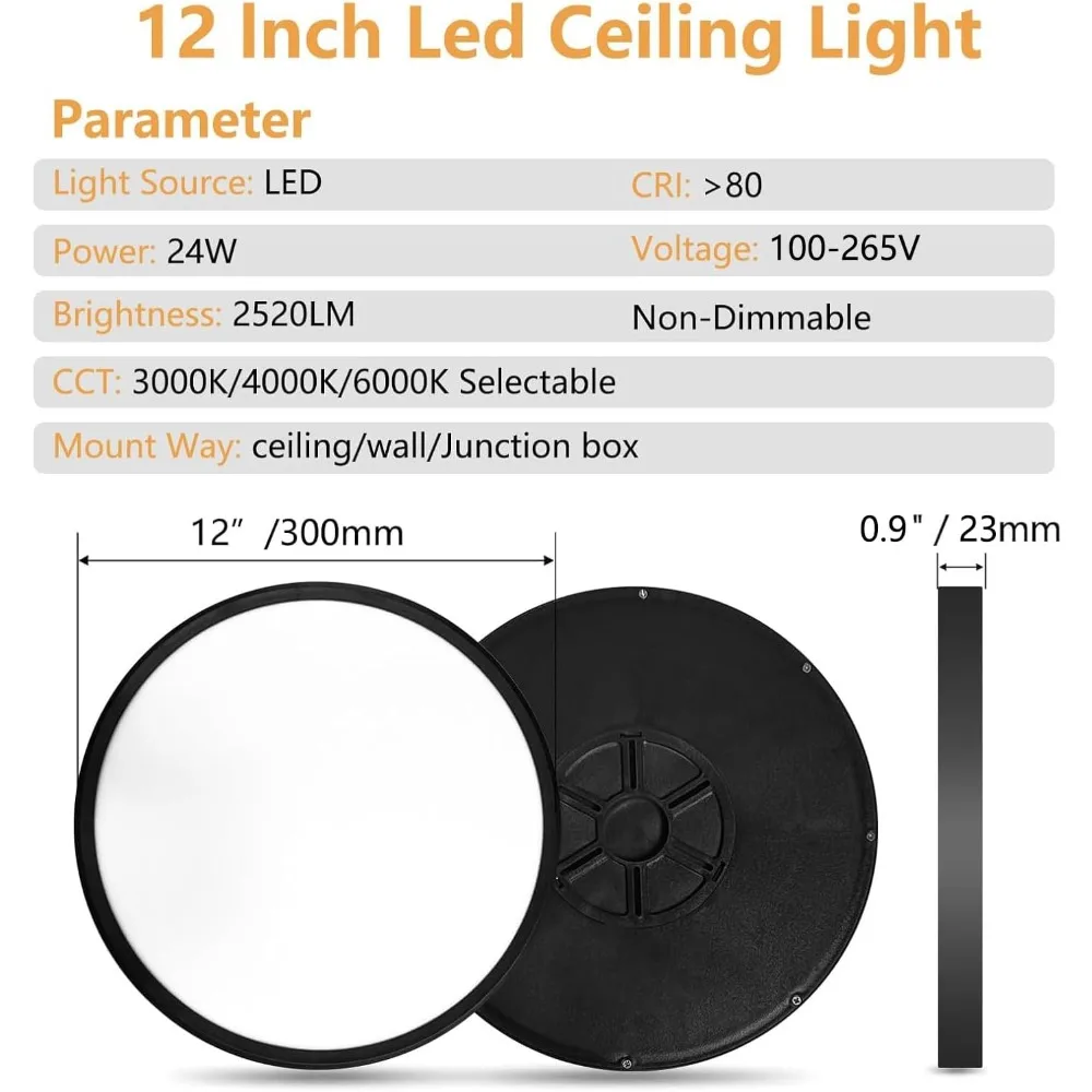 12 Inch 6PK LED Flush Mount Ceiling Light, 24W, 2520 Lumens, 3000K/4000K/6000K Color Temperature Adjustable, Ultra Slim Low Prof