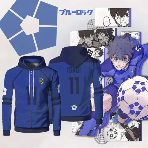 Isagi Cosplay azul bloqueo cremallera sudaderas con capucha Anime japonés moda tendencia Unisex manga larga sudadera deportes al aire libre entrenamiento Jersey