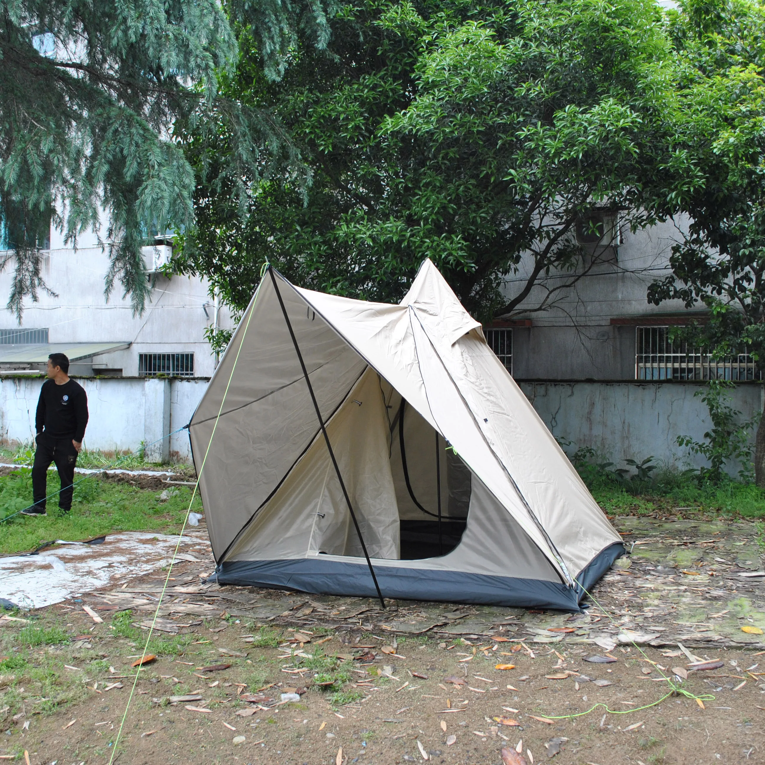 Double Layer Teepee Tent for Family Camping, Waterproof Tipi Tents, Large Teepee Tent, Instant Setup, Khaki, 4 Person, CZX-594