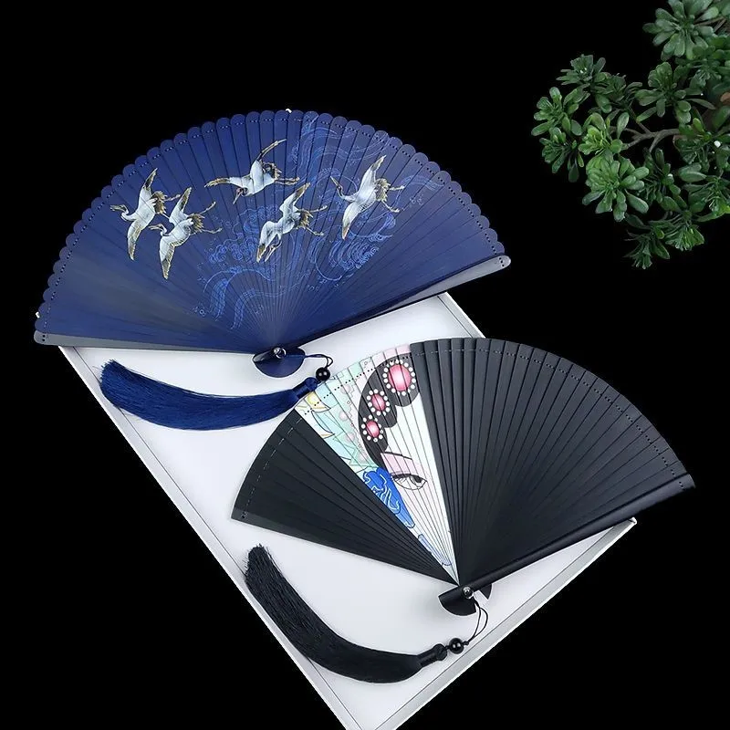 

Бамбуковый старый веер, кленовый лист, кран, печатный китайский стиль, древний веер Hanfu Qipao, женский черный маленький складной веер, танцевальный веер ZG830