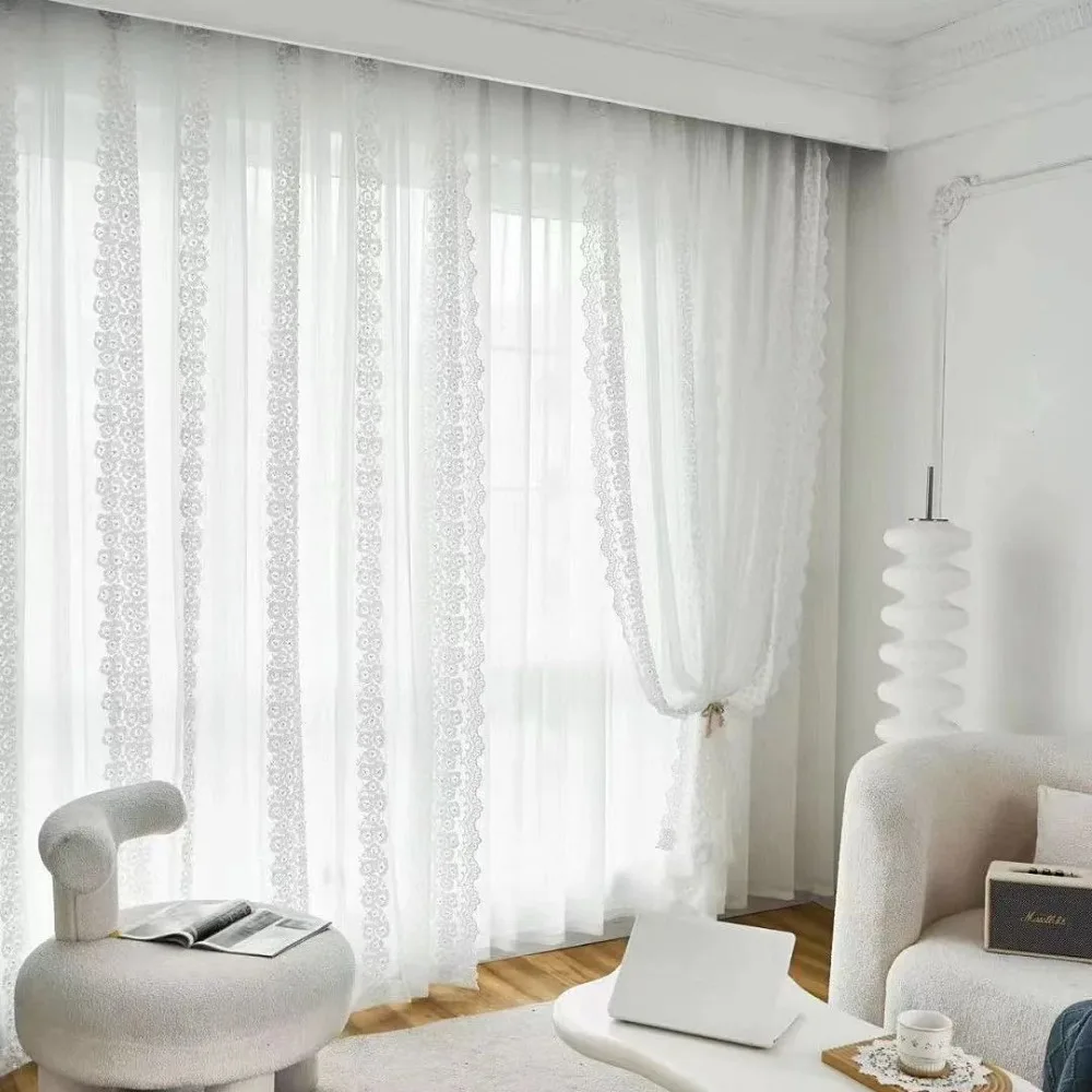 Luxury Pearl Floral Embroidery Tulle Curtain with Wavy Lace on Both Sides Wide Large Window Drapes for Living Room Bedroom