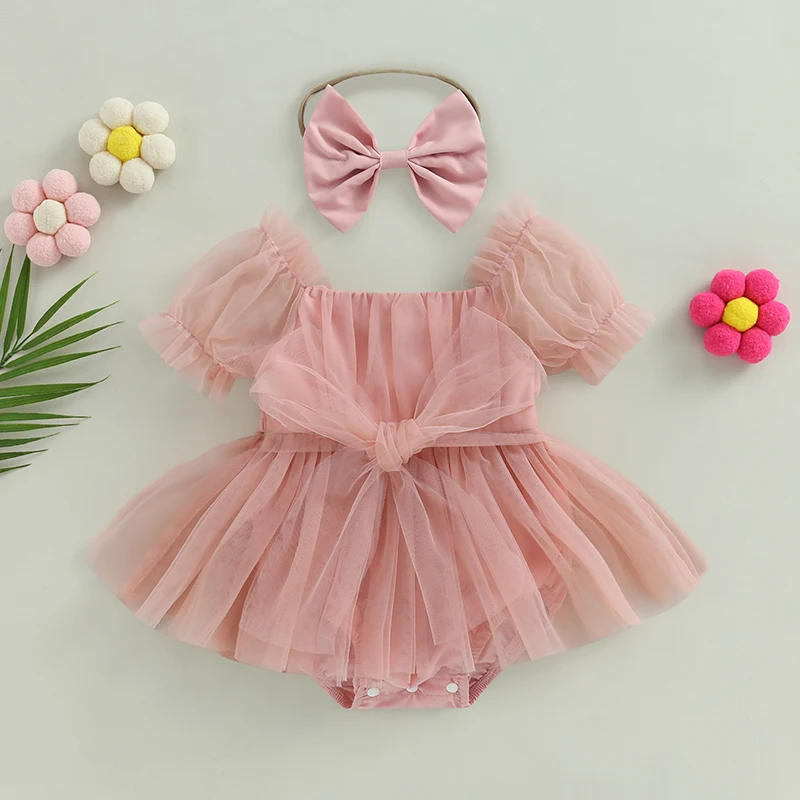 Girl Romper Short Puff Sleeve Lace Mesh Tulle Dress with Bowknot+Headband Set